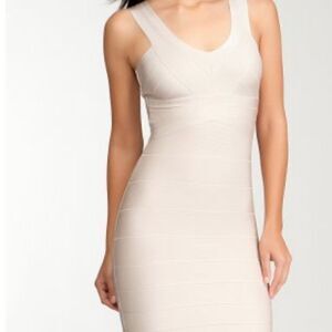 Bebe Double V-Neck Bandage Dress in Tapioca